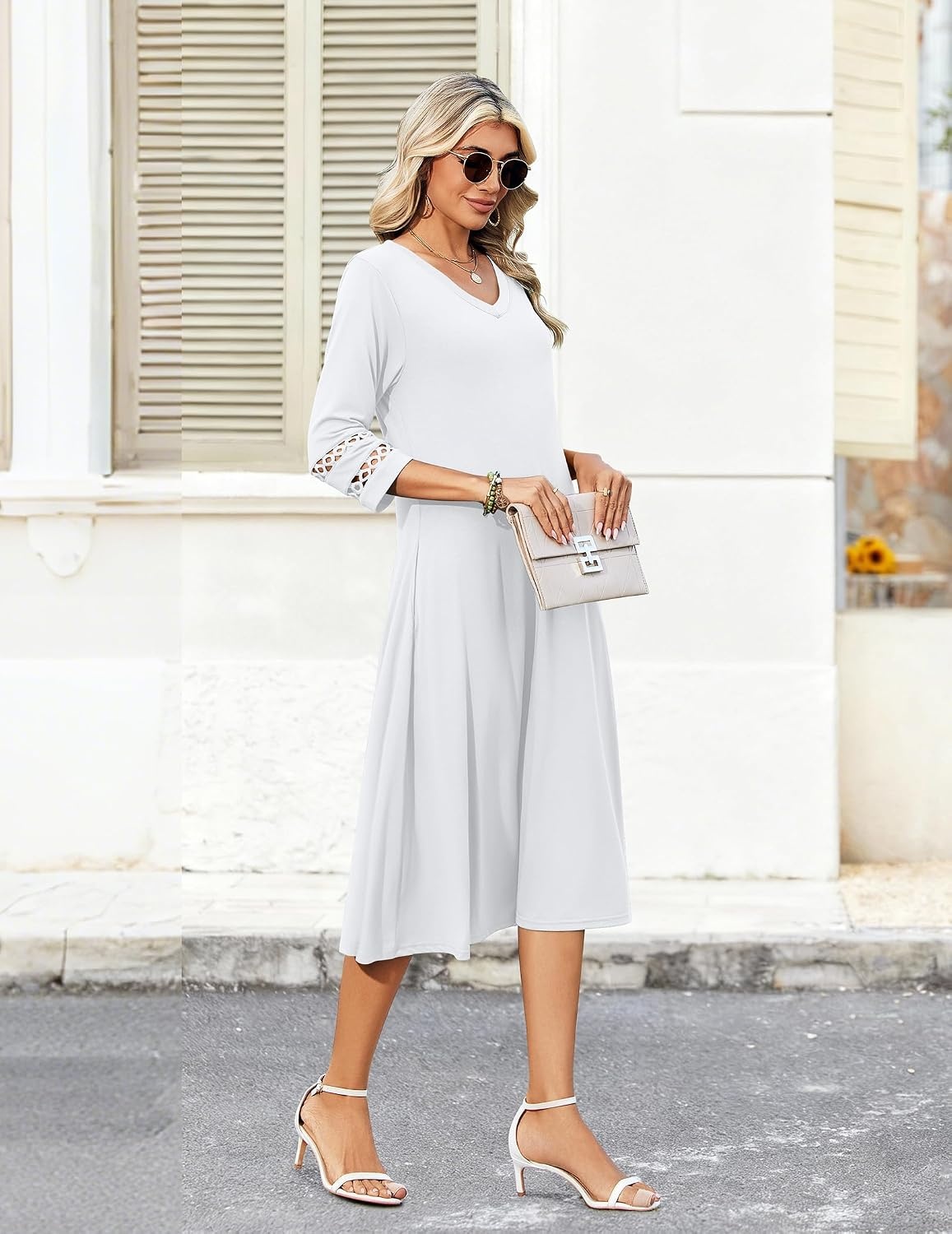 image:imageZeagoo Womens Dresses 34 Sleeve Casual VNeck A Line Eyelet Midi Dress03white