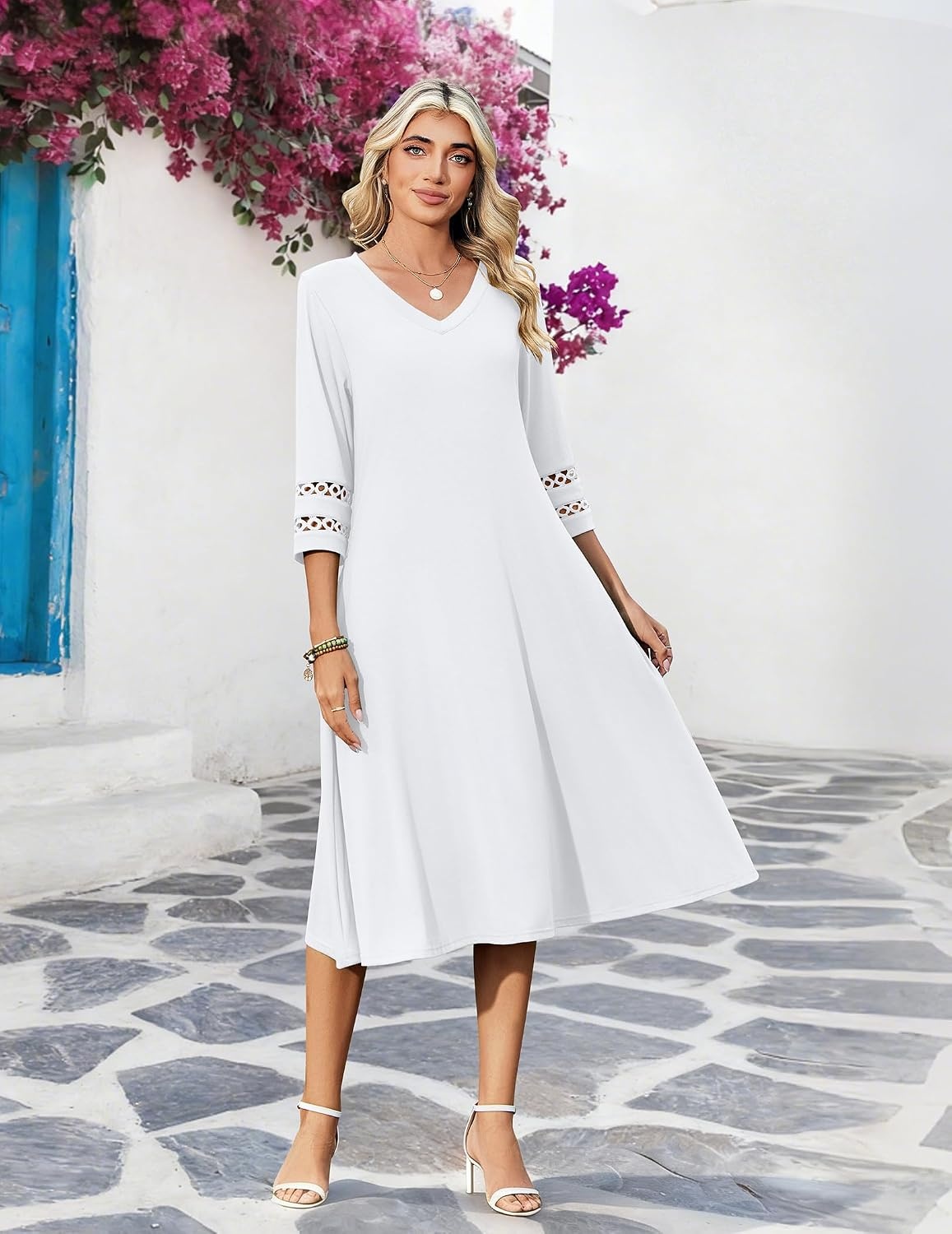 image:imageZeagoo Womens Dresses 34 Sleeve Casual VNeck A Line Eyelet Midi Dress03white