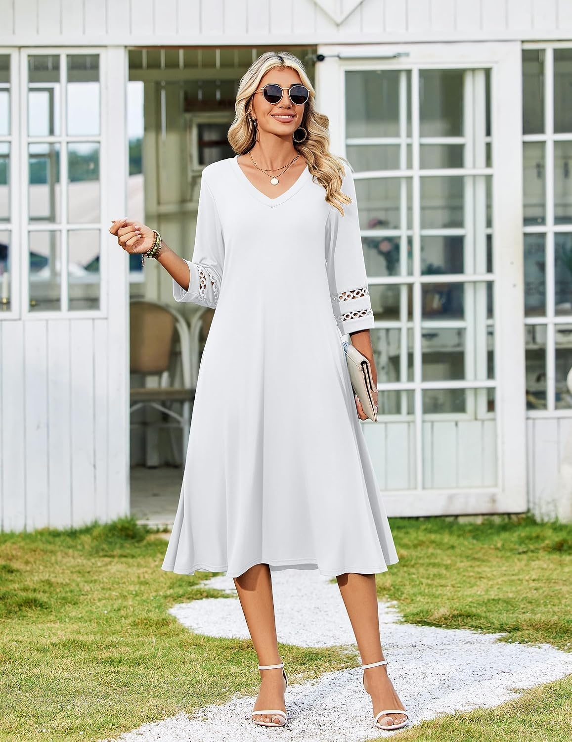image:imageZeagoo Womens Dresses 34 Sleeve Casual VNeck A Line Eyelet Midi Dress03white