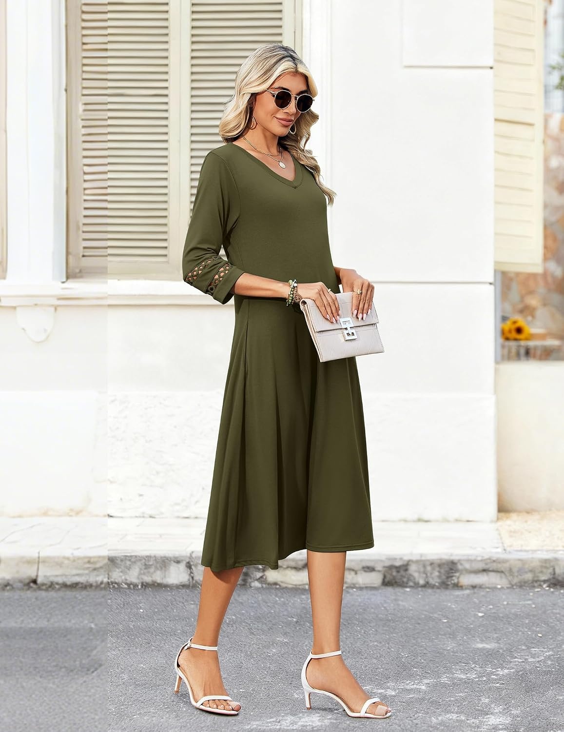 image:imageZeagoo Womens Dresses 34 Sleeve Casual VNeck A Line Eyelet Midi DressArmy Green