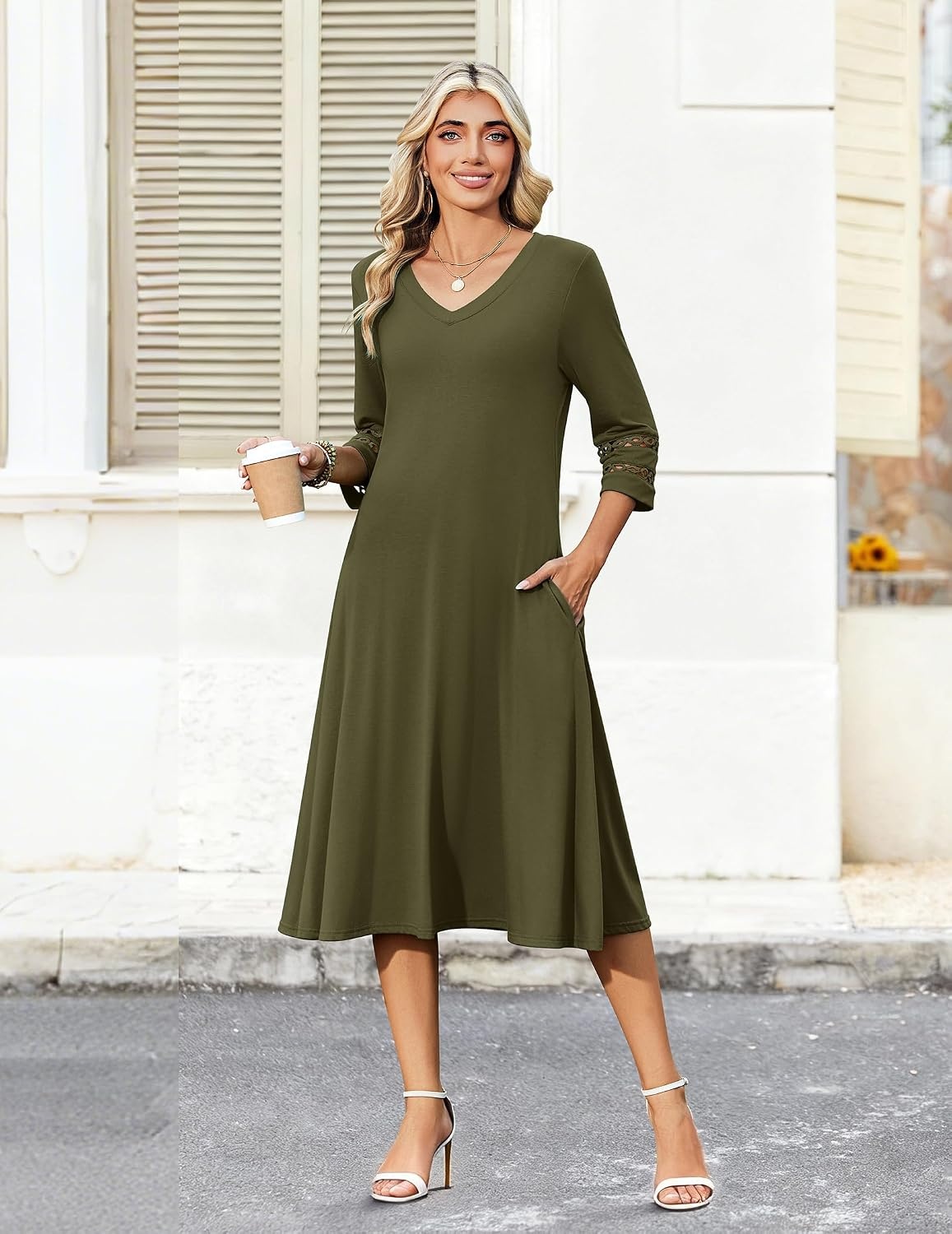 image:imageZeagoo Womens Dresses 34 Sleeve Casual VNeck A Line Eyelet Midi DressArmy Green