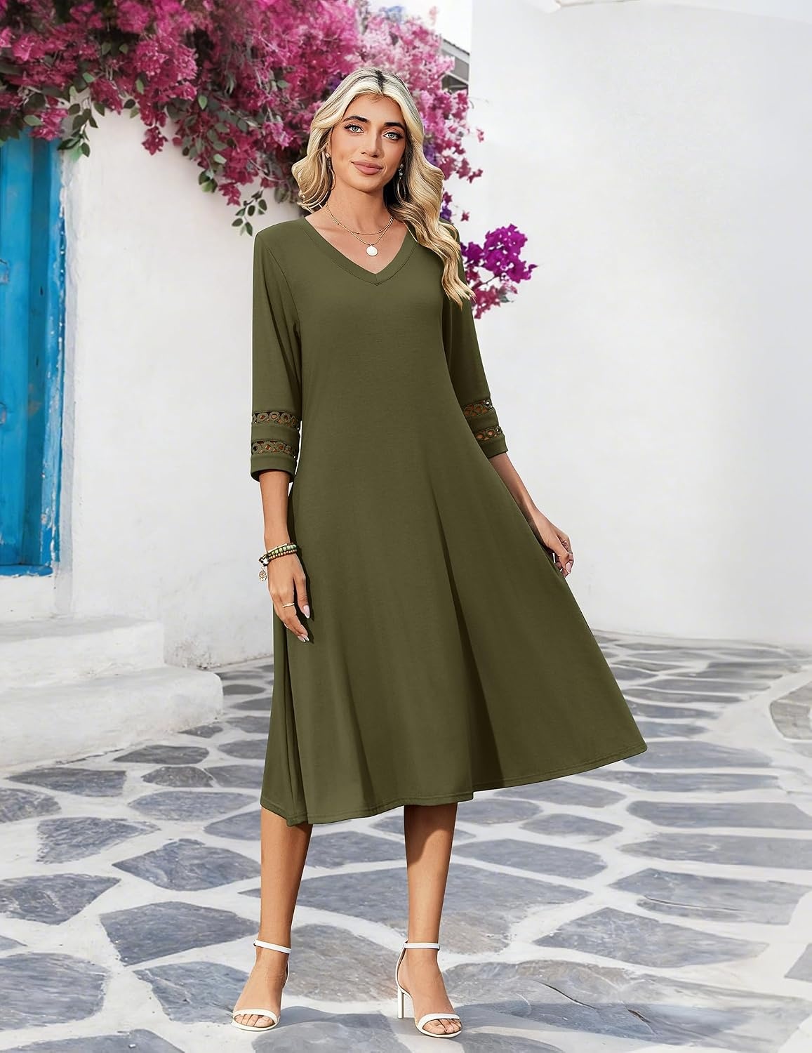 image:imageZeagoo Womens Dresses 34 Sleeve Casual VNeck A Line Eyelet Midi DressArmy Green
