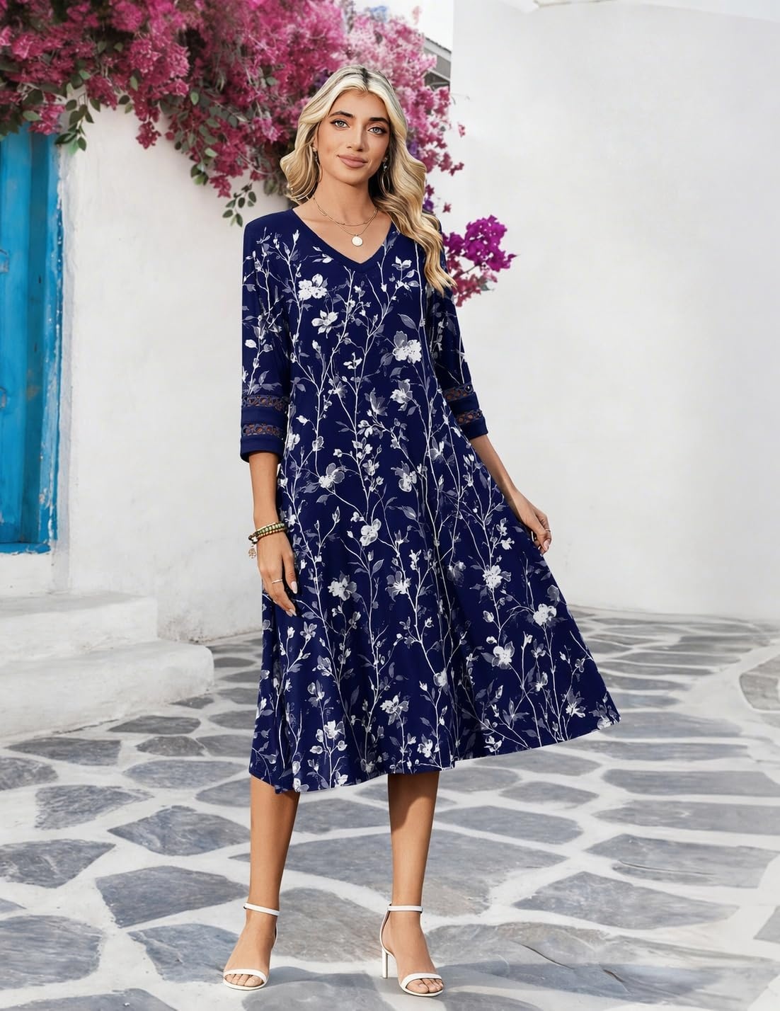 image:imageZeagoo Womens Dresses 34 Sleeve Casual VNeck A Line Eyelet Midi DressBlue Floral