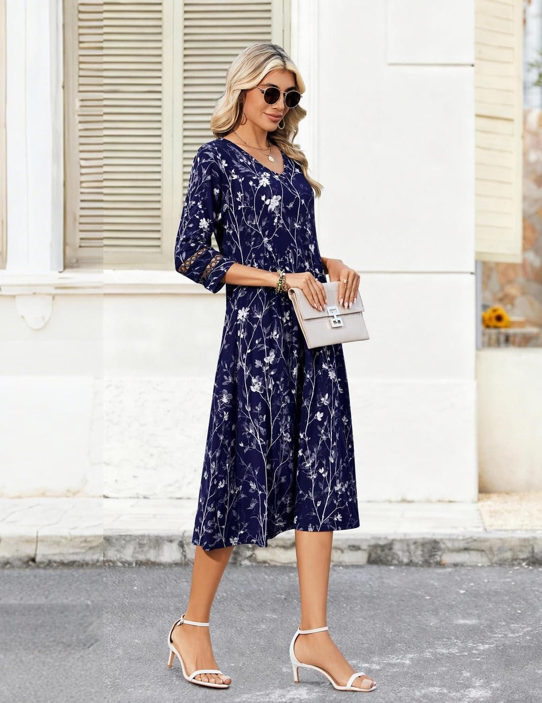 image:imageZeagoo Womens Dresses 34 Sleeve Casual VNeck A Line Eyelet Midi DressBlue Floral