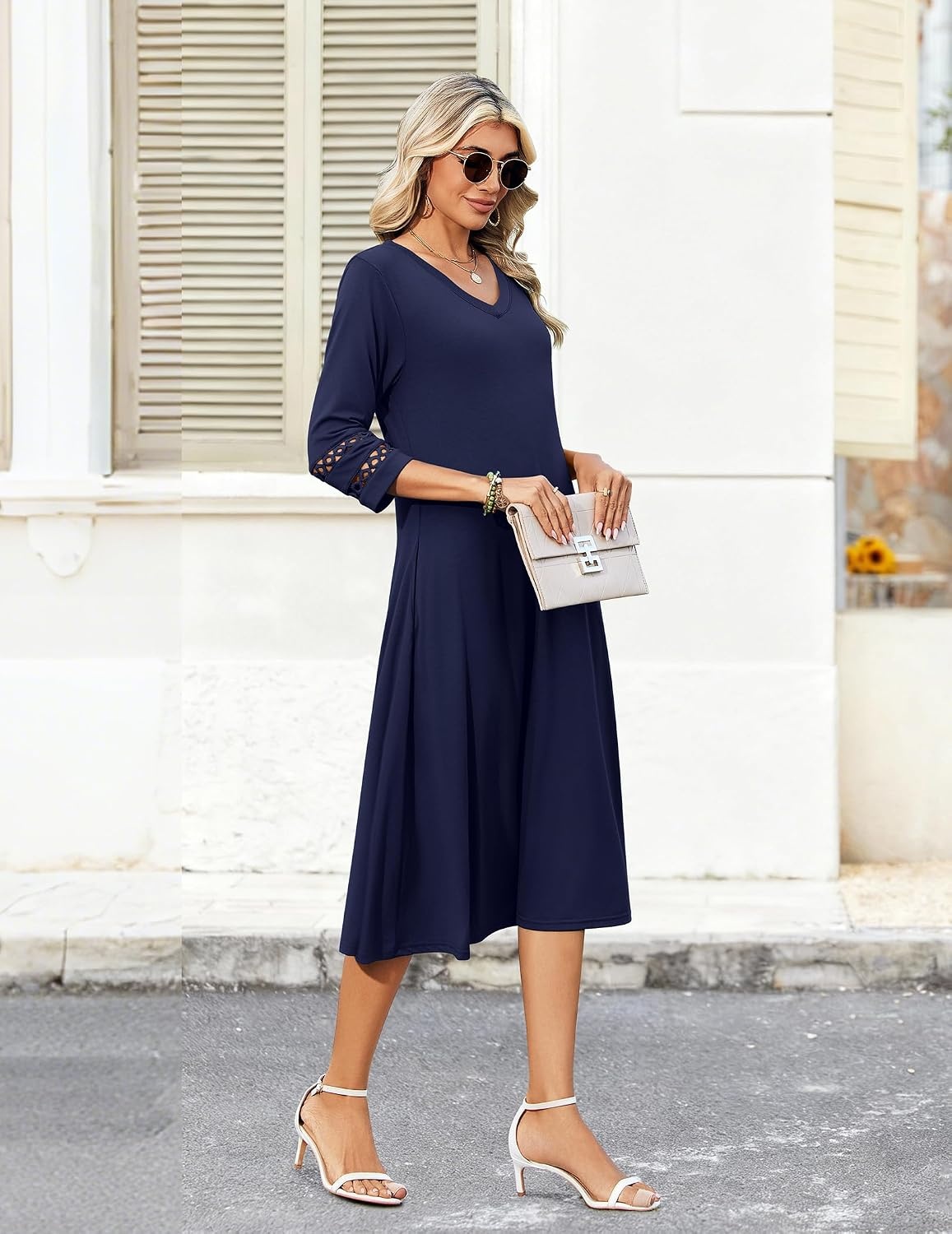 image:imageZeagoo Womens Dresses 34 Sleeve Casual VNeck A Line Eyelet Midi DressBlue1