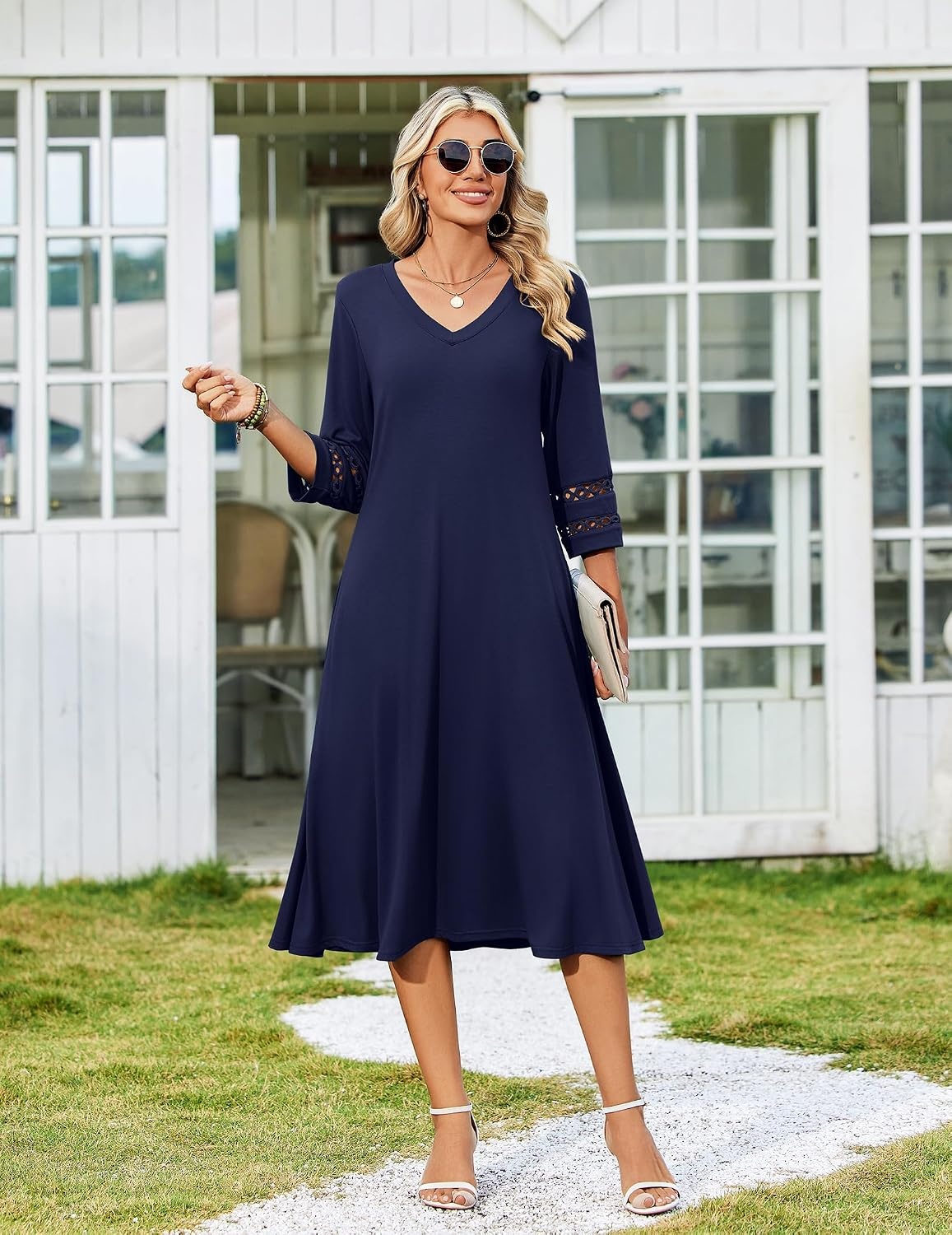 image:imageZeagoo Womens Dresses 34 Sleeve Casual VNeck A Line Eyelet Midi DressBlue1