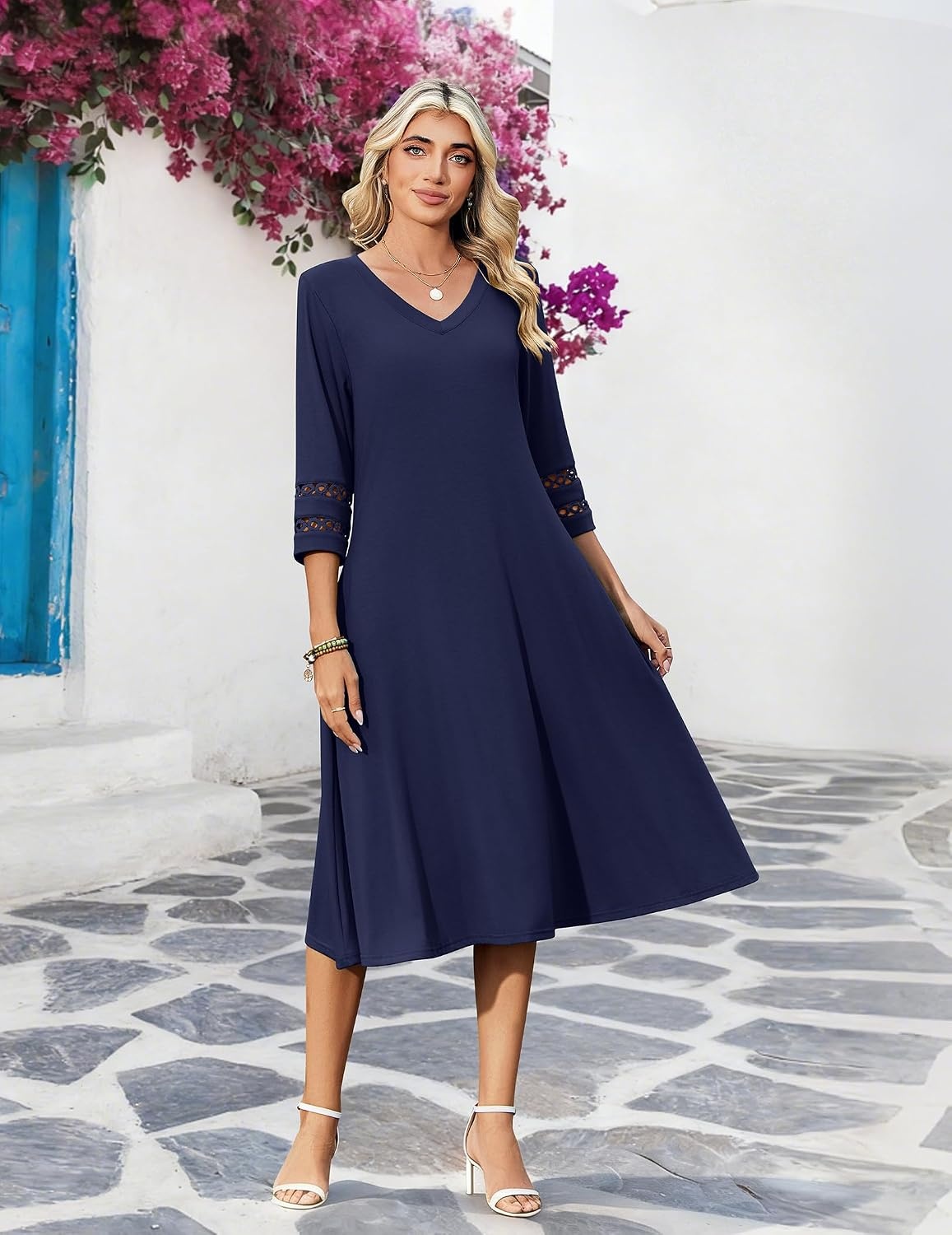 image:imageZeagoo Womens Dresses 34 Sleeve Casual VNeck A Line Eyelet Midi DressBlue1