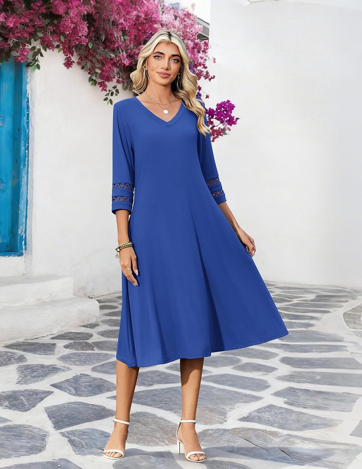 image:imageZeagoo Womens Dresses 34 Sleeve Casual VNeck A Line Eyelet Midi DressBlue2