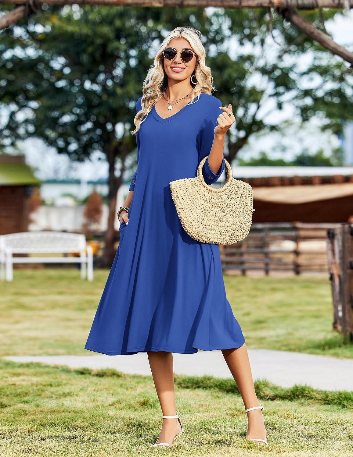 image:imageZeagoo Womens Dresses 34 Sleeve Casual VNeck A Line Eyelet Midi DressBlue2