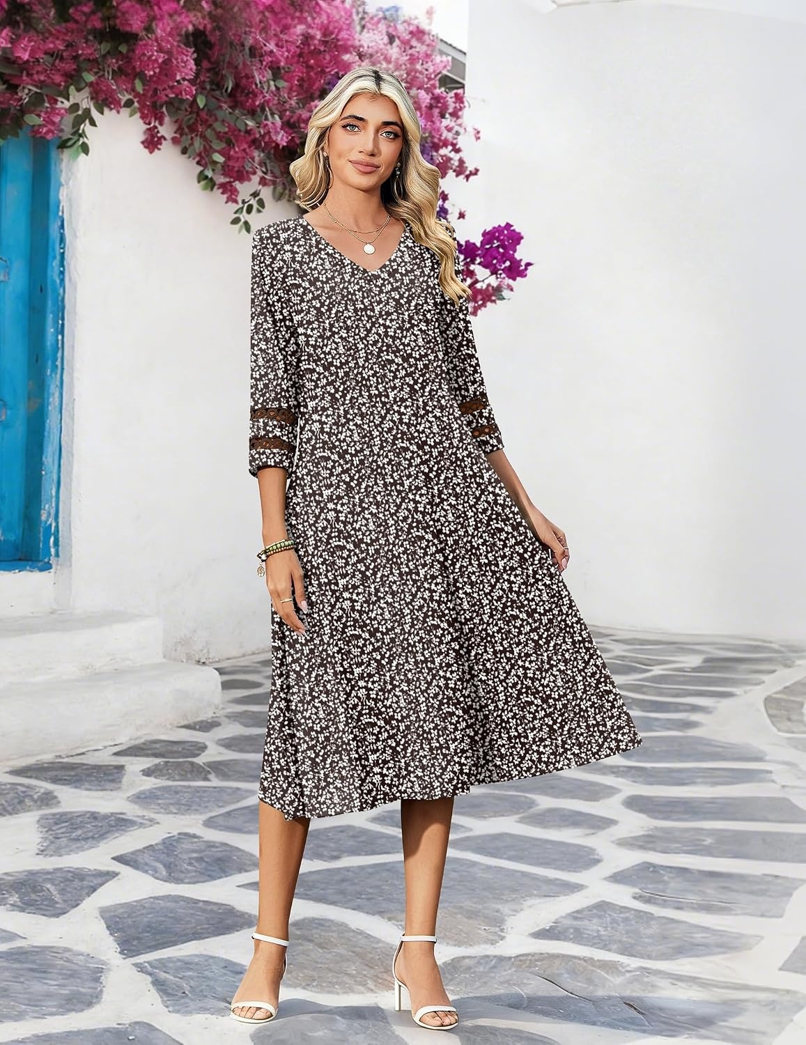 image:imageZeagoo Womens Dresses 34 Sleeve Casual VNeck A Line Eyelet Midi DressBrown Floral