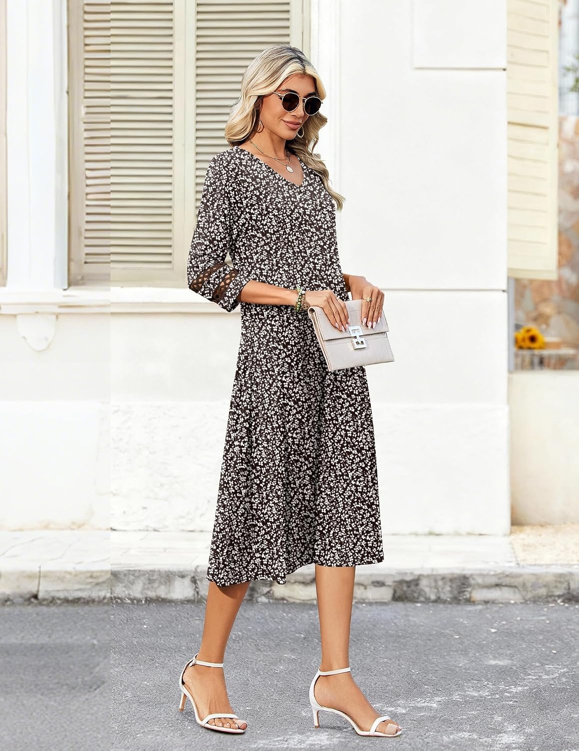 image:imageZeagoo Womens Dresses 34 Sleeve Casual VNeck A Line Eyelet Midi DressBrown Floral