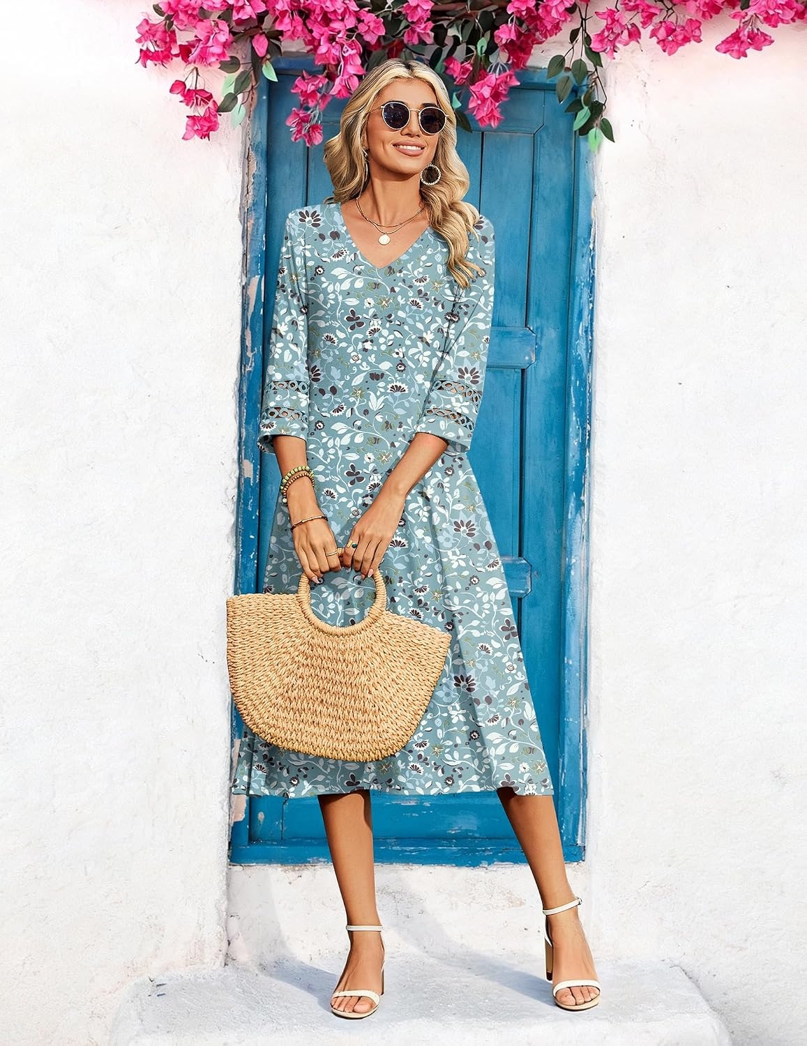 image:imageZeagoo Womens Dresses 34 Sleeve Casual VNeck A Line Eyelet Midi DressGreen Floral