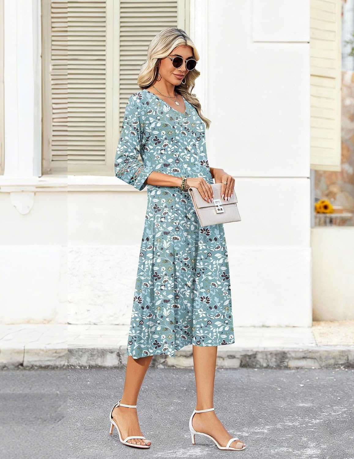 image:imageZeagoo Womens Dresses 34 Sleeve Casual VNeck A Line Eyelet Midi DressGreen Floral