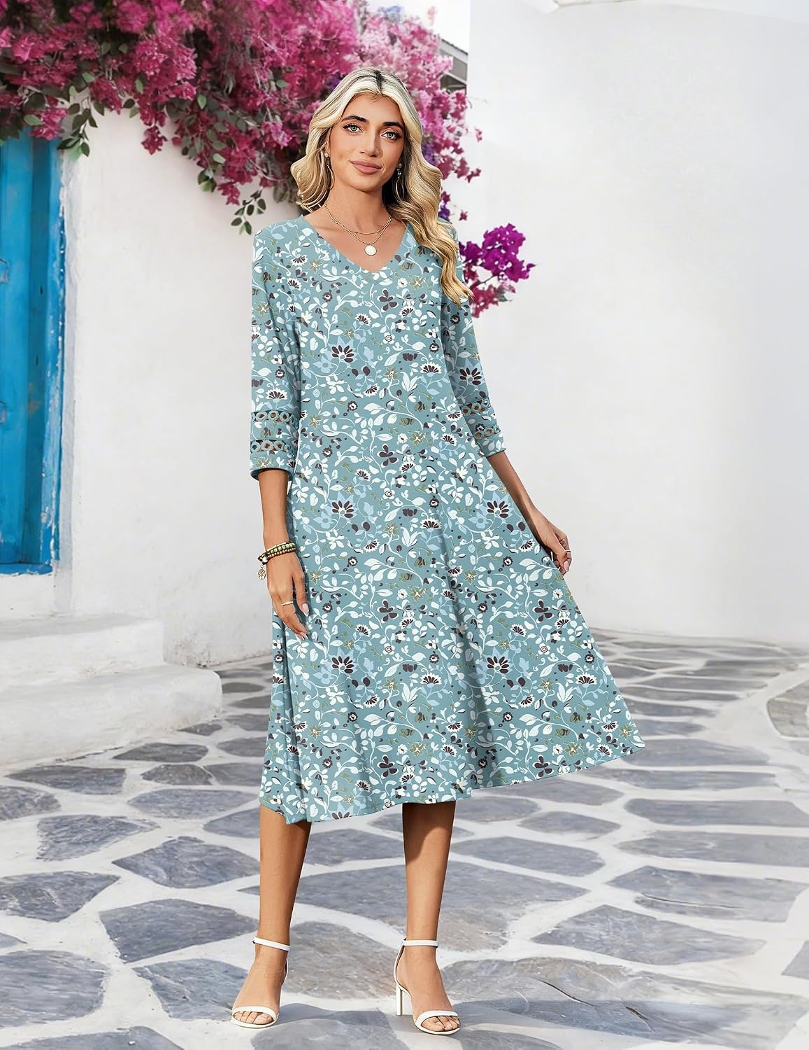 image:imageZeagoo Womens Dresses 34 Sleeve Casual VNeck A Line Eyelet Midi DressGreen Floral