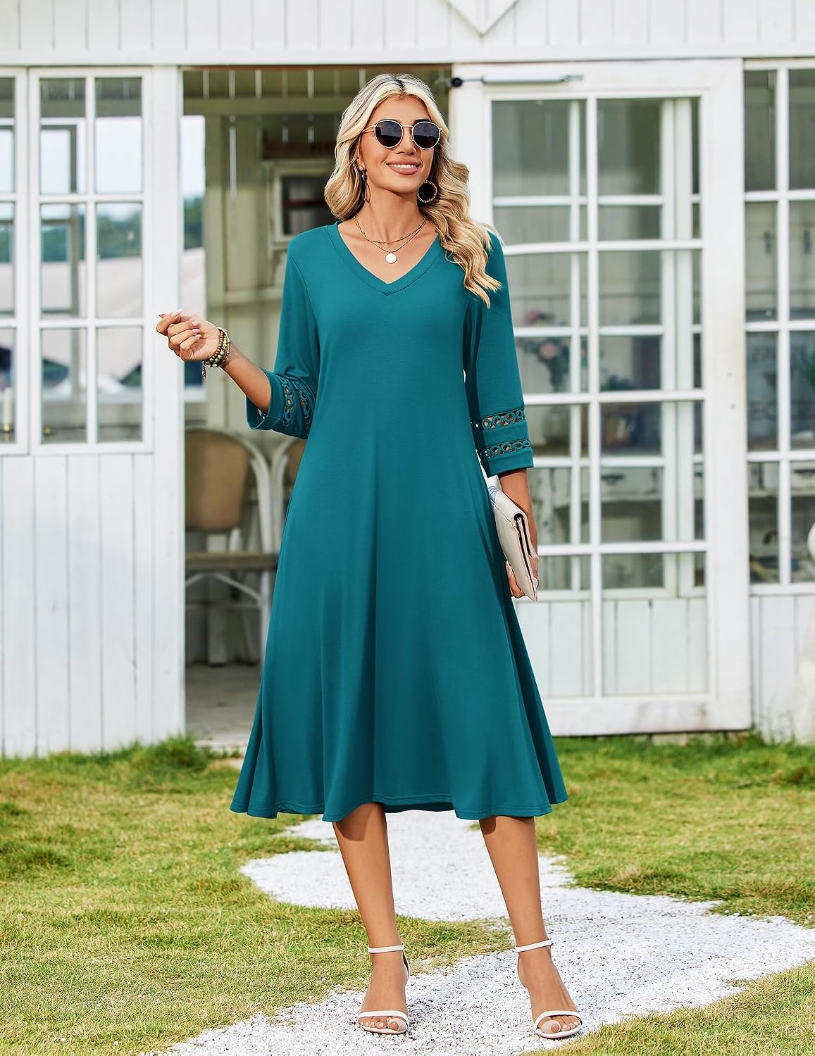 image:imageZeagoo Womens Dresses 34 Sleeve Casual VNeck A Line Eyelet Midi DressJade Green