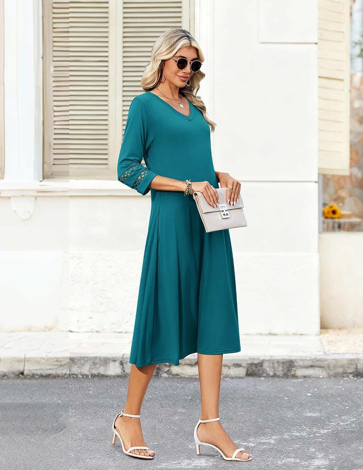 image:imageZeagoo Womens Dresses 34 Sleeve Casual VNeck A Line Eyelet Midi DressJade Green