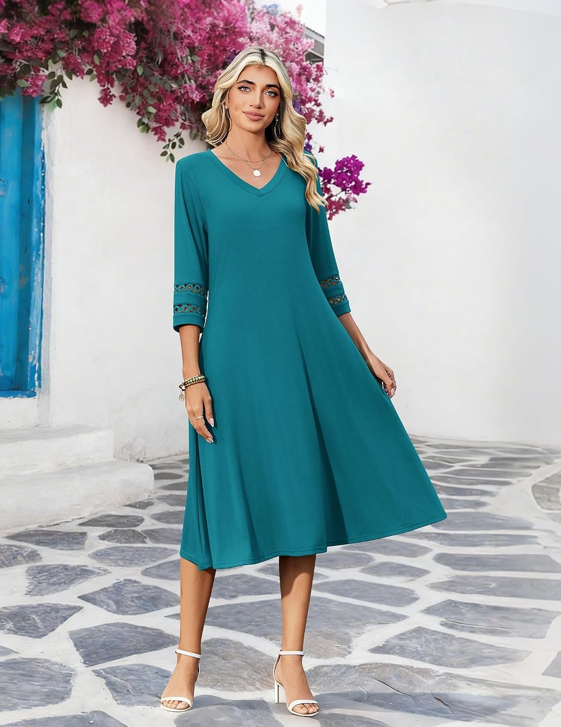 image:imageZeagoo Womens Dresses 34 Sleeve Casual VNeck A Line Eyelet Midi DressJade Green