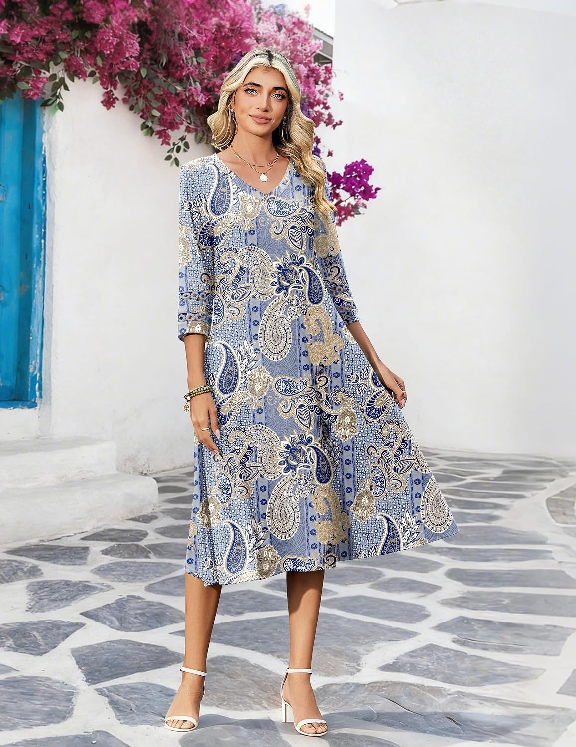 image:imageZeagoo Womens Dresses 34 Sleeve Casual VNeck A Line Eyelet Midi DressPaisley