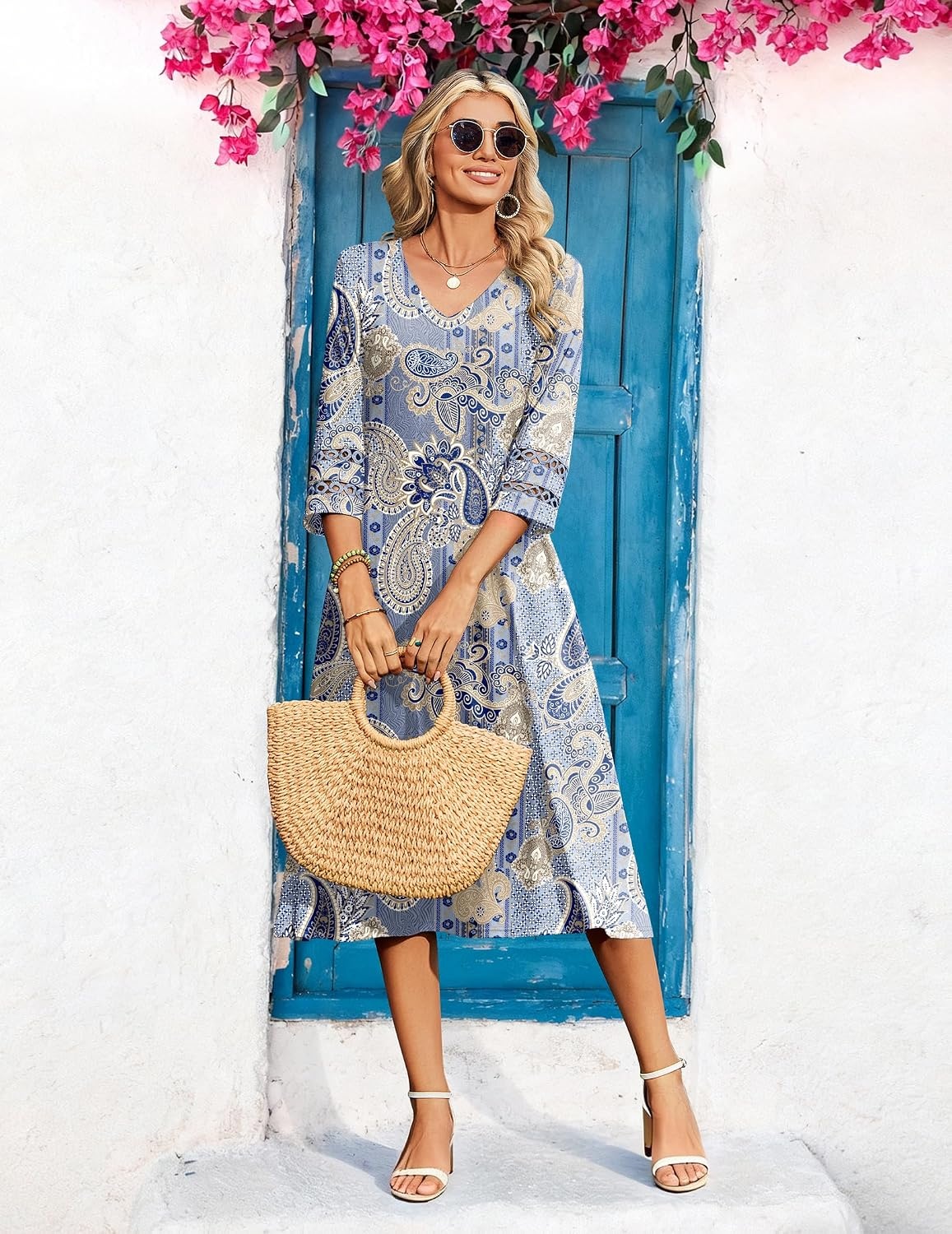 image:imageZeagoo Womens Dresses 34 Sleeve Casual VNeck A Line Eyelet Midi DressPaisley