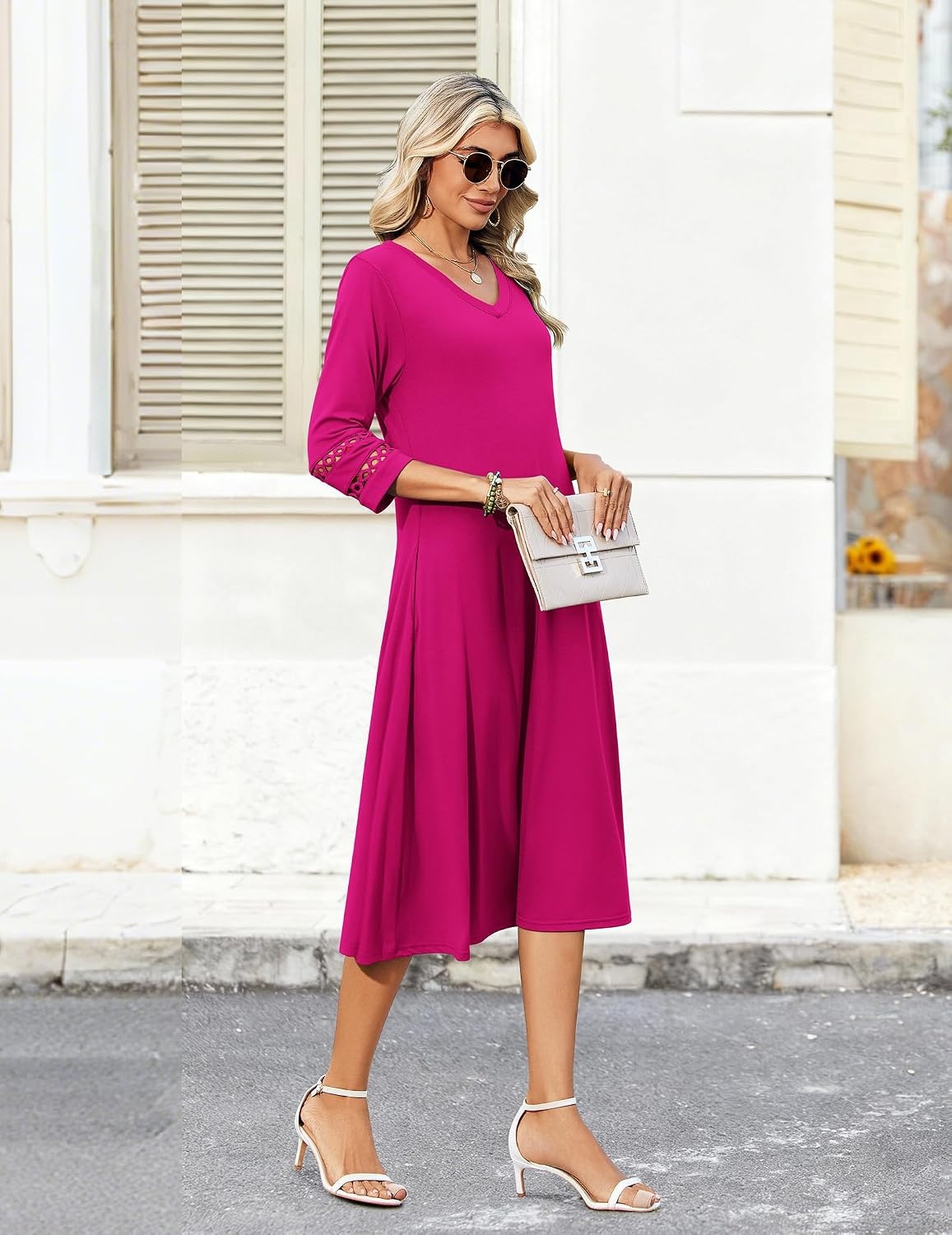 image:imageZeagoo Womens Dresses 34 Sleeve Casual VNeck A Line Eyelet Midi DressRose Red