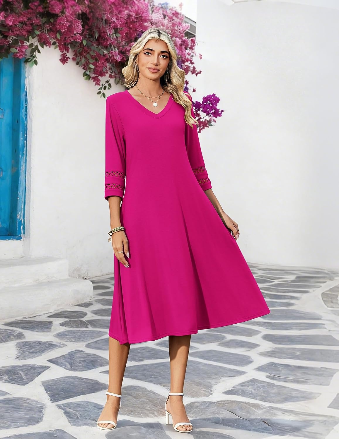 image:imageZeagoo Womens Dresses 34 Sleeve Casual VNeck A Line Eyelet Midi DressRose Red