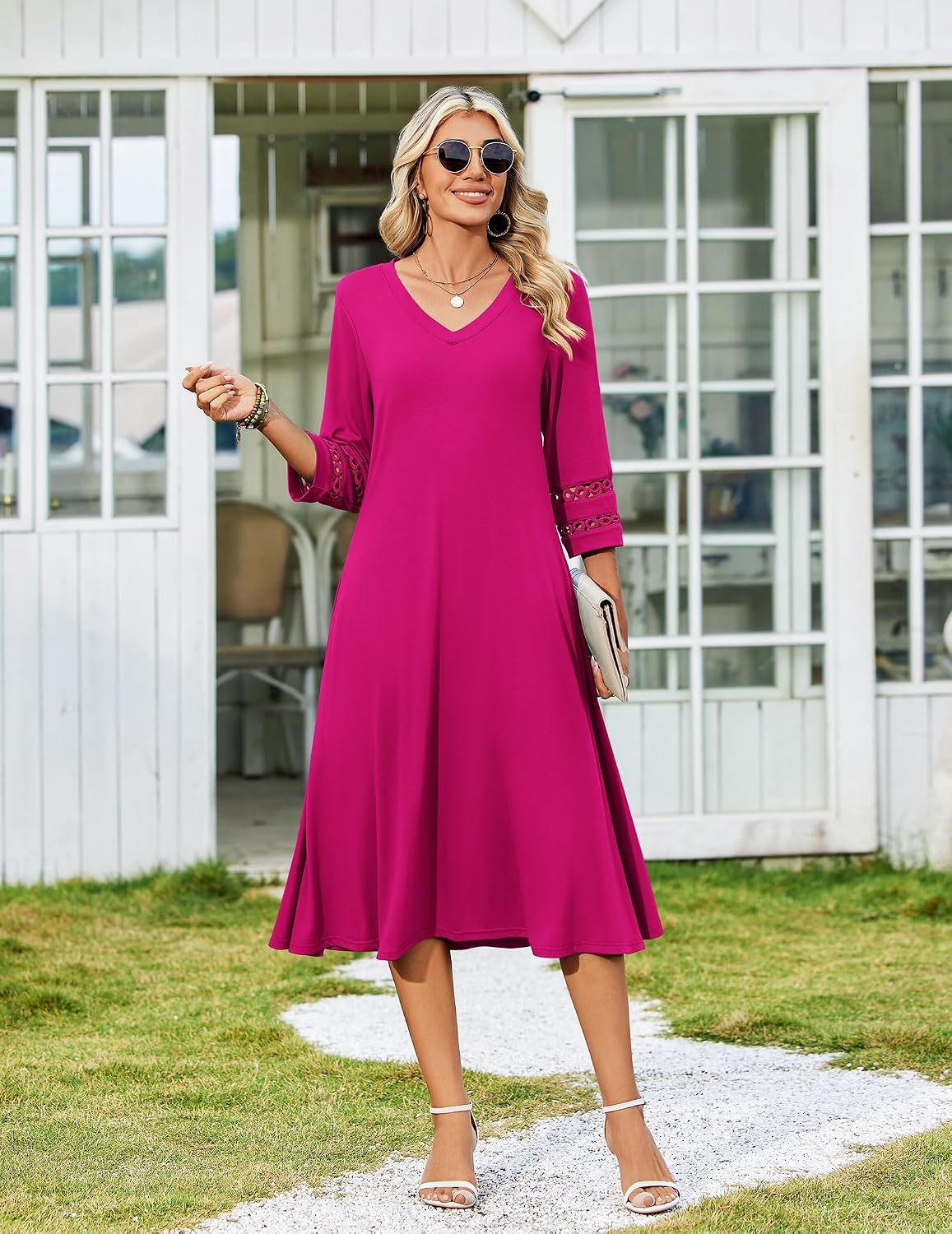 image:imageZeagoo Womens Dresses 34 Sleeve Casual VNeck A Line Eyelet Midi DressRose Red