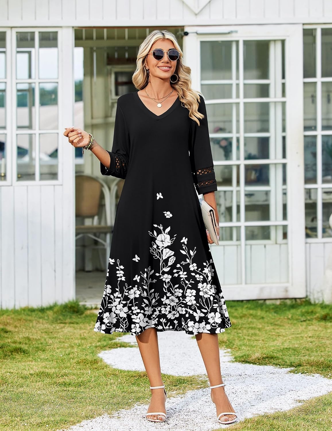 image:imageZeagoo Womens Dresses 34 Sleeve Casual VNeck A Line Eyelet Midi DressSf100