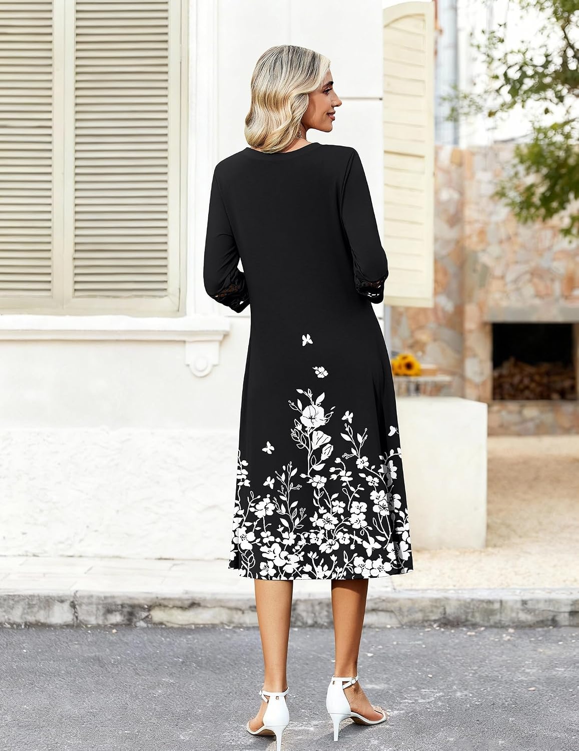 image:imageZeagoo Womens Dresses 34 Sleeve Casual VNeck A Line Eyelet Midi DressSf100