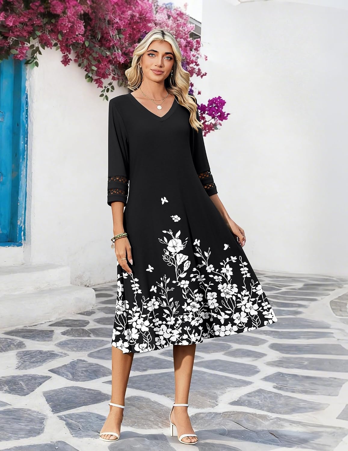 image:imageZeagoo Womens Dresses 34 Sleeve Casual VNeck A Line Eyelet Midi DressSf100