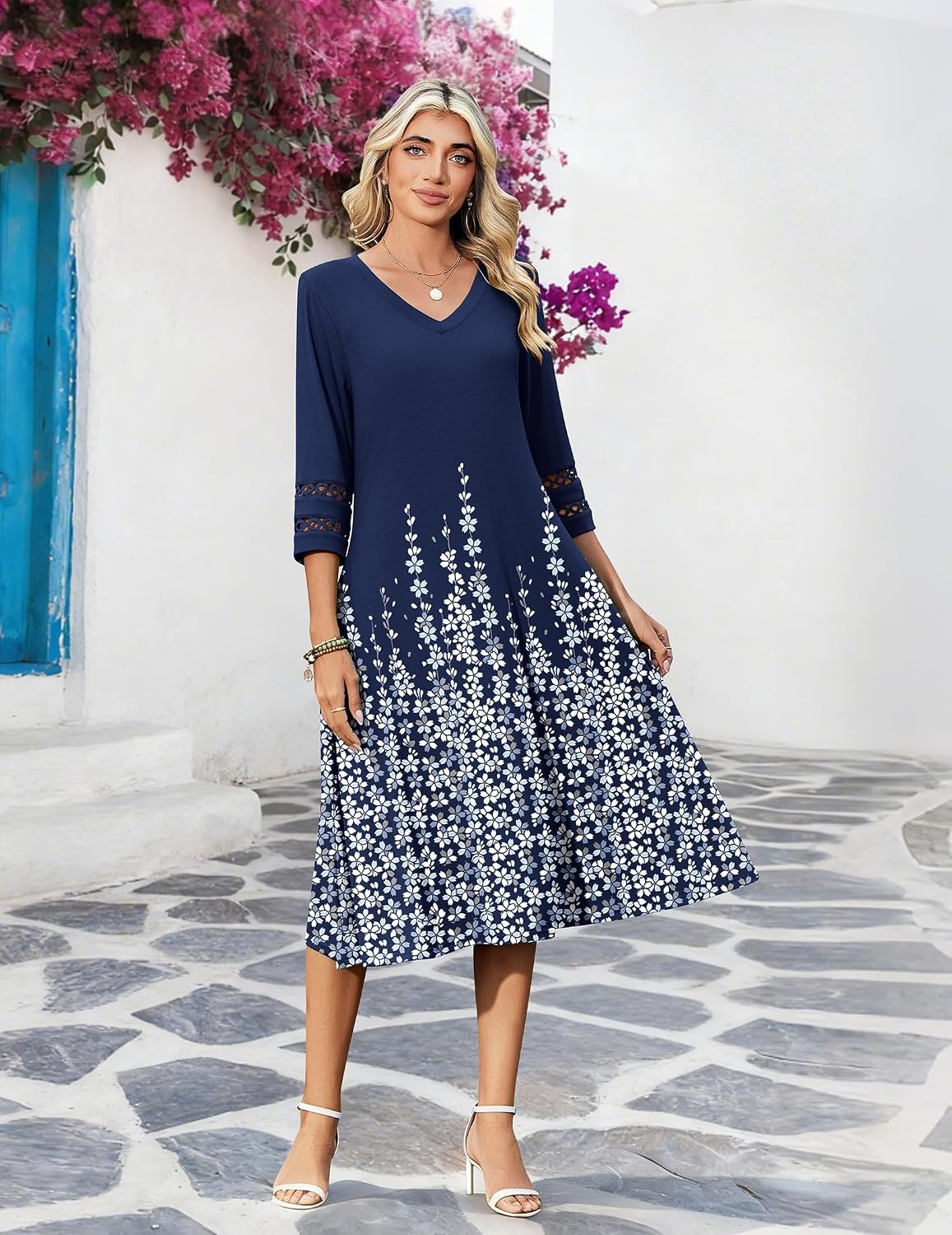 image:imageZeagoo Womens Dresses 34 Sleeve Casual VNeck A Line Eyelet Midi DressSf119
