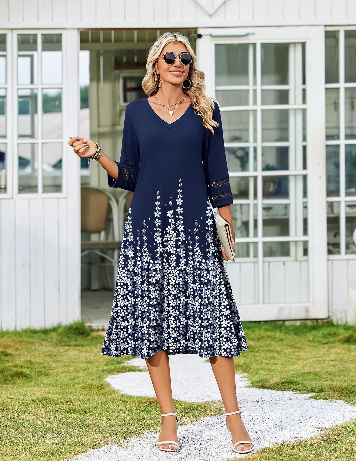 image:imageZeagoo Womens Dresses 34 Sleeve Casual VNeck A Line Eyelet Midi DressSf119
