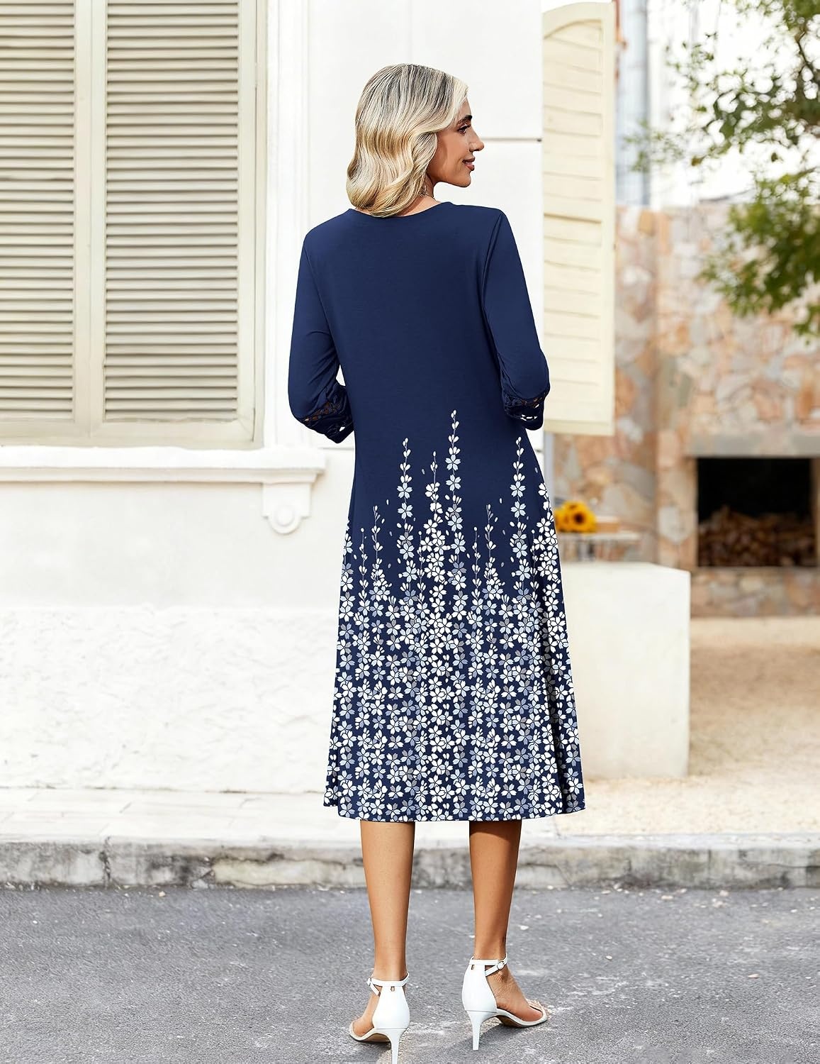 image:imageZeagoo Womens Dresses 34 Sleeve Casual VNeck A Line Eyelet Midi DressSf119