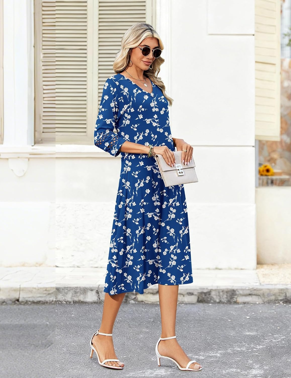image:imageZeagoo Womens Dresses 34 Sleeve Casual VNeck A Line Eyelet Midi DressSp108