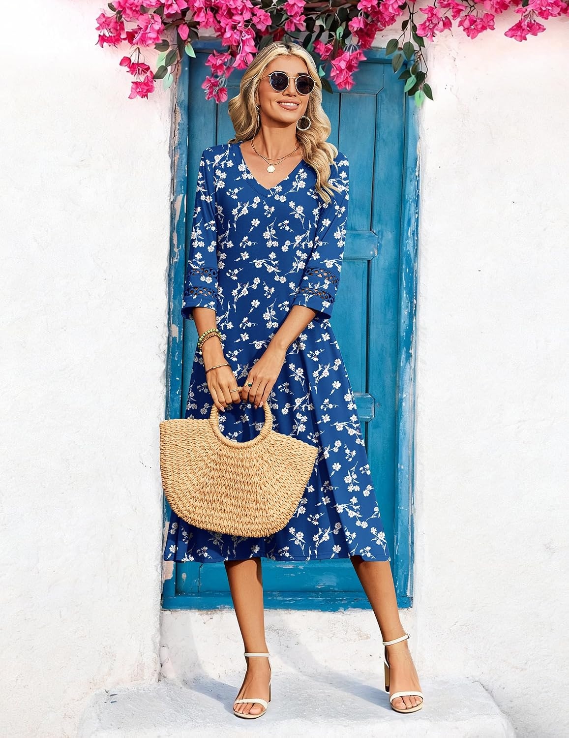 image:imageZeagoo Womens Dresses 34 Sleeve Casual VNeck A Line Eyelet Midi DressSp108