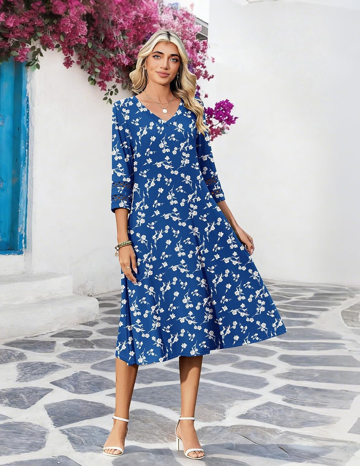 image:imageZeagoo Womens Dresses 34 Sleeve Casual VNeck A Line Eyelet Midi DressSp108