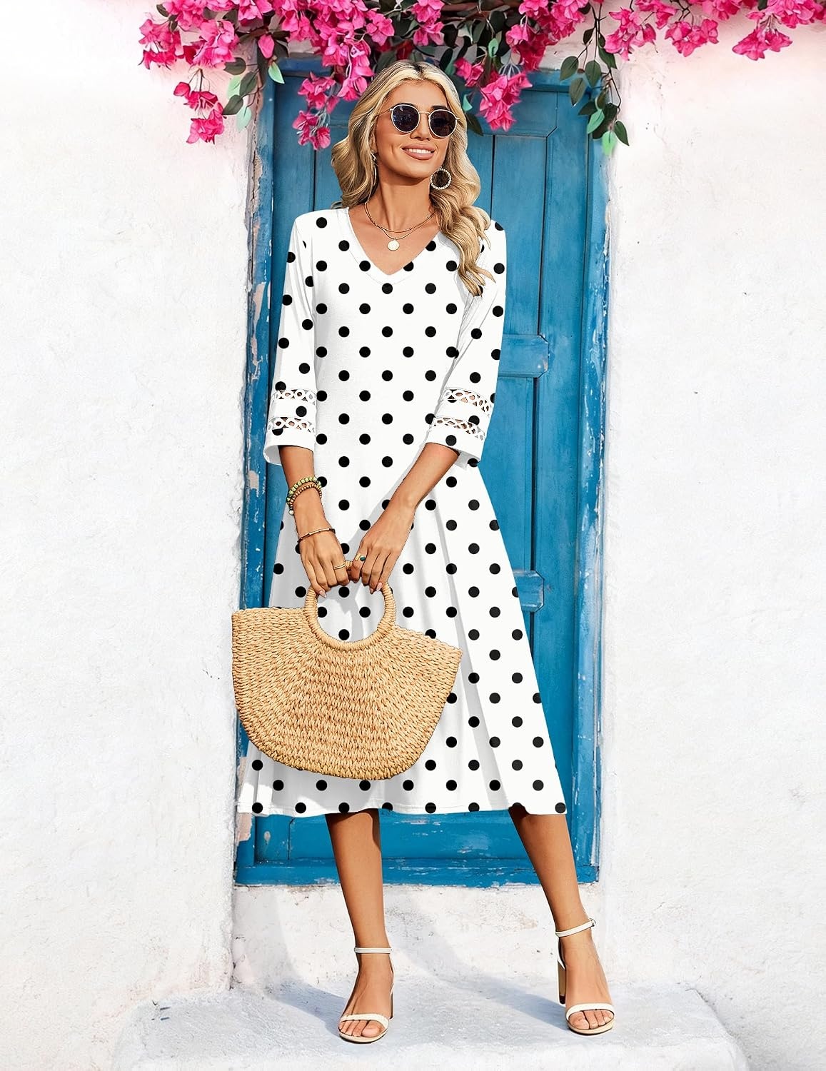 image:imageZeagoo Womens Dresses 34 Sleeve Casual VNeck A Line Eyelet Midi DressWhite Polka Dot