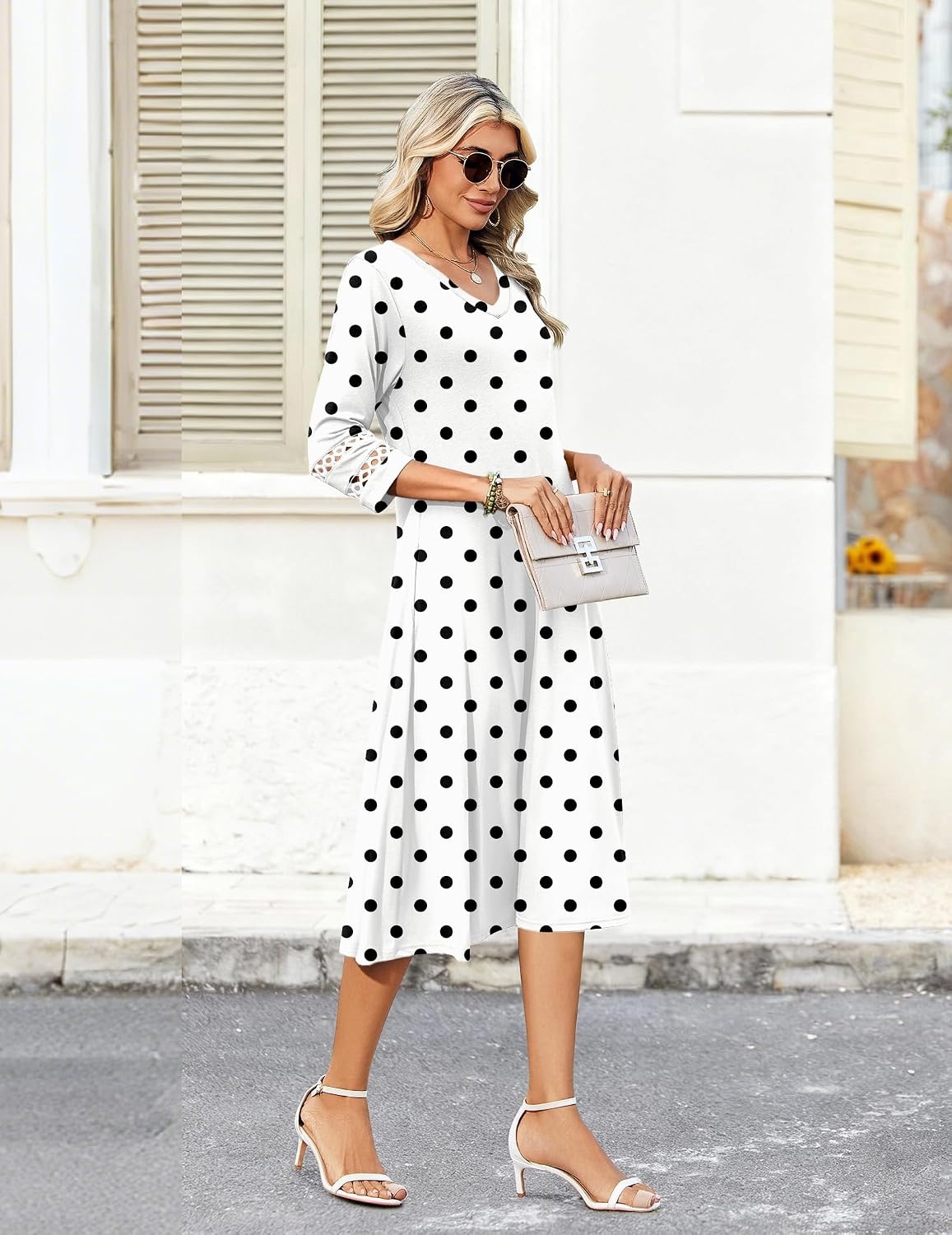 image:imageZeagoo Womens Dresses 34 Sleeve Casual VNeck A Line Eyelet Midi DressWhite Polka Dot