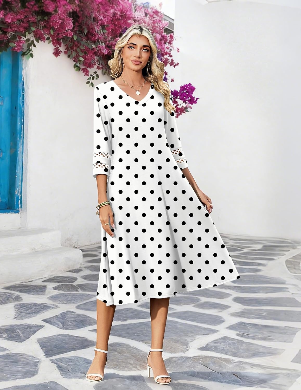 image:imageZeagoo Womens Dresses 34 Sleeve Casual VNeck A Line Eyelet Midi DressWhite Polka Dot
