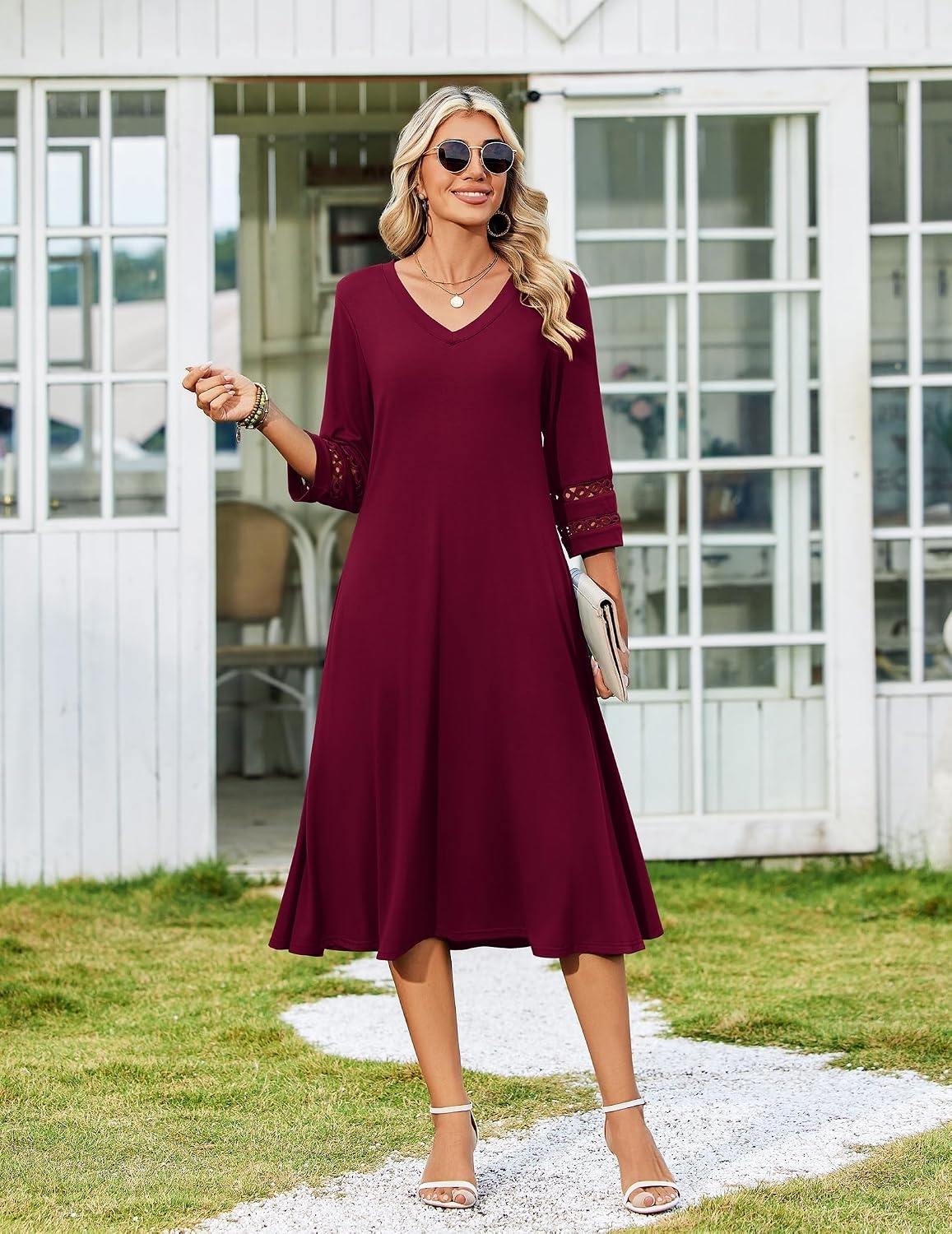 image:imageZeagoo Womens Dresses 34 Sleeve Casual VNeck A Line Eyelet Midi DressWine Red