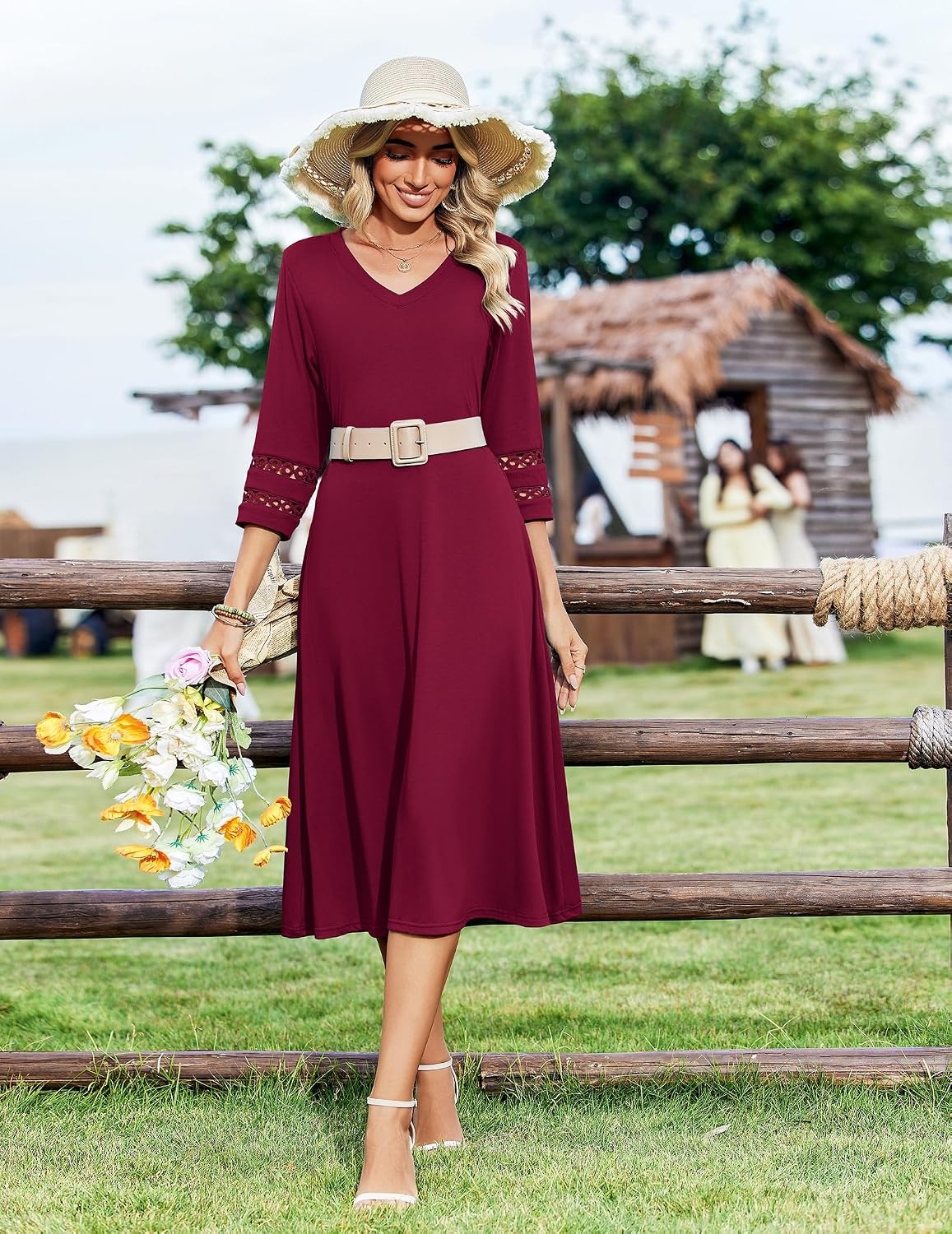 image:imageZeagoo Womens Dresses 34 Sleeve Casual VNeck A Line Eyelet Midi DressWine Red