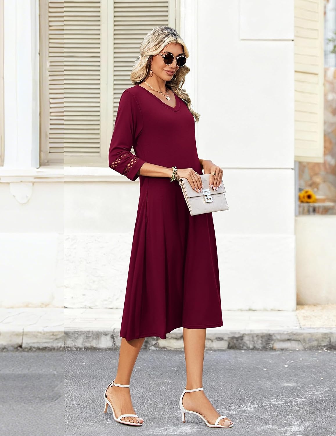 image:imageZeagoo Womens Dresses 34 Sleeve Casual VNeck A Line Eyelet Midi DressWine Red