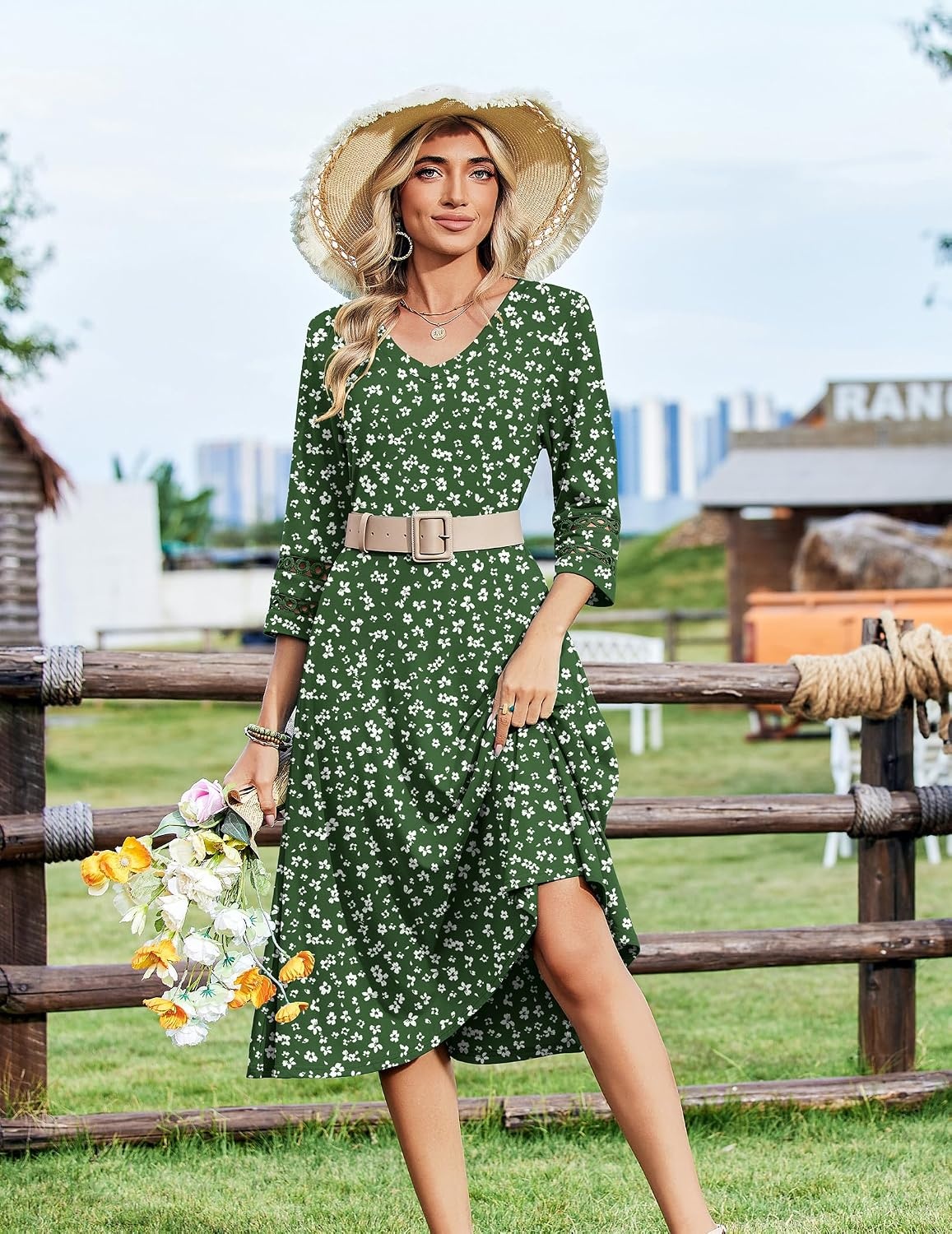 image:imageZeagoo Womens Dresses 34 Sleeve Casual VNeck A Line Eyelet Midi DressXh527