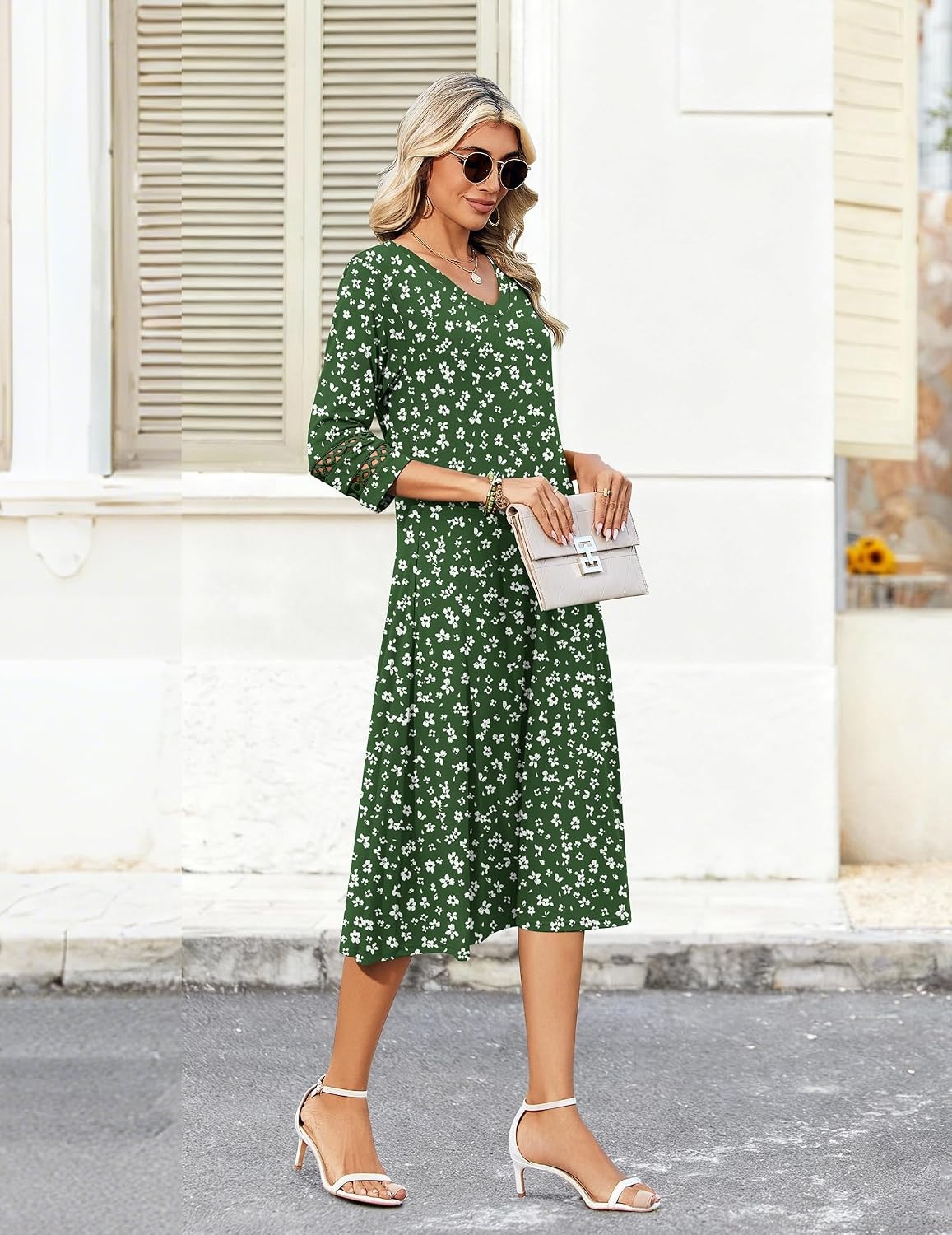 image:imageZeagoo Womens Dresses 34 Sleeve Casual VNeck A Line Eyelet Midi DressXh527