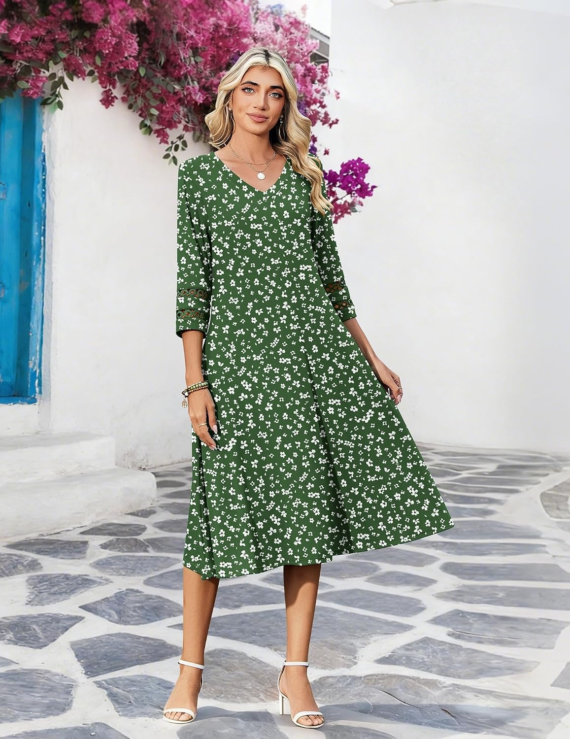 image:imageZeagoo Womens Dresses 34 Sleeve Casual VNeck A Line Eyelet Midi DressXh527