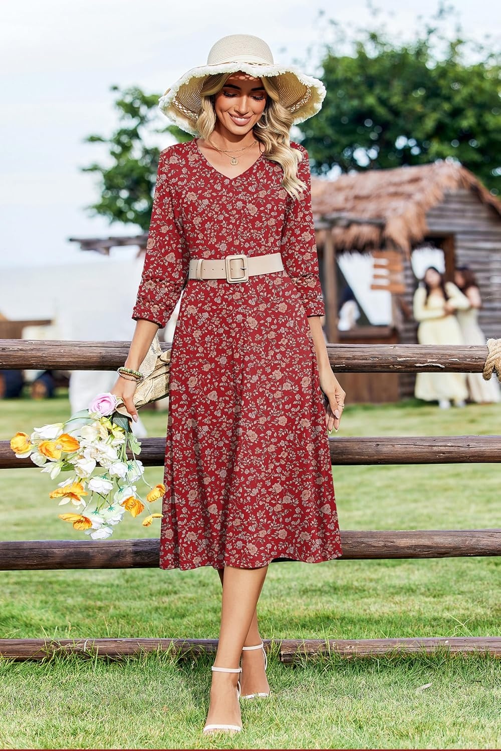 image:imageZeagoo Womens Dresses 34 Sleeve Casual VNeck A Line Eyelet Midi DressXh546