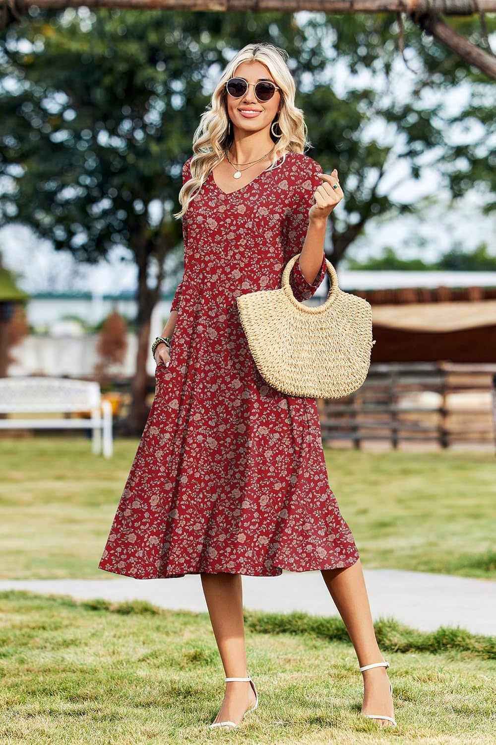 image:imageZeagoo Womens Dresses 34 Sleeve Casual VNeck A Line Eyelet Midi DressXh546