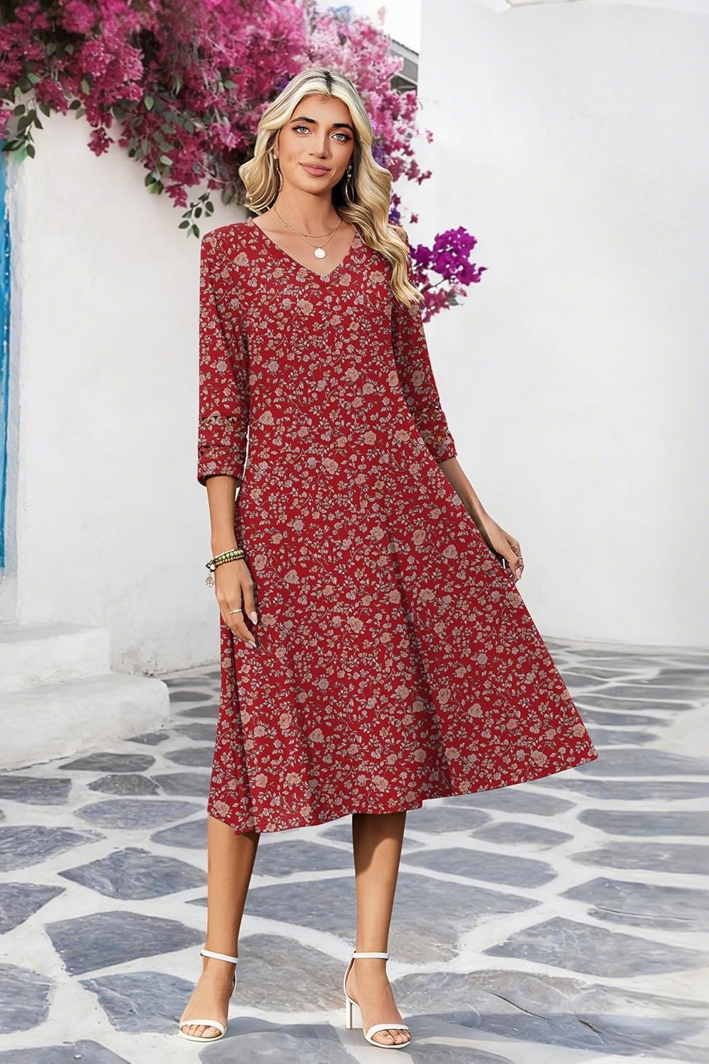image:imageZeagoo Womens Dresses 34 Sleeve Casual VNeck A Line Eyelet Midi DressXh546