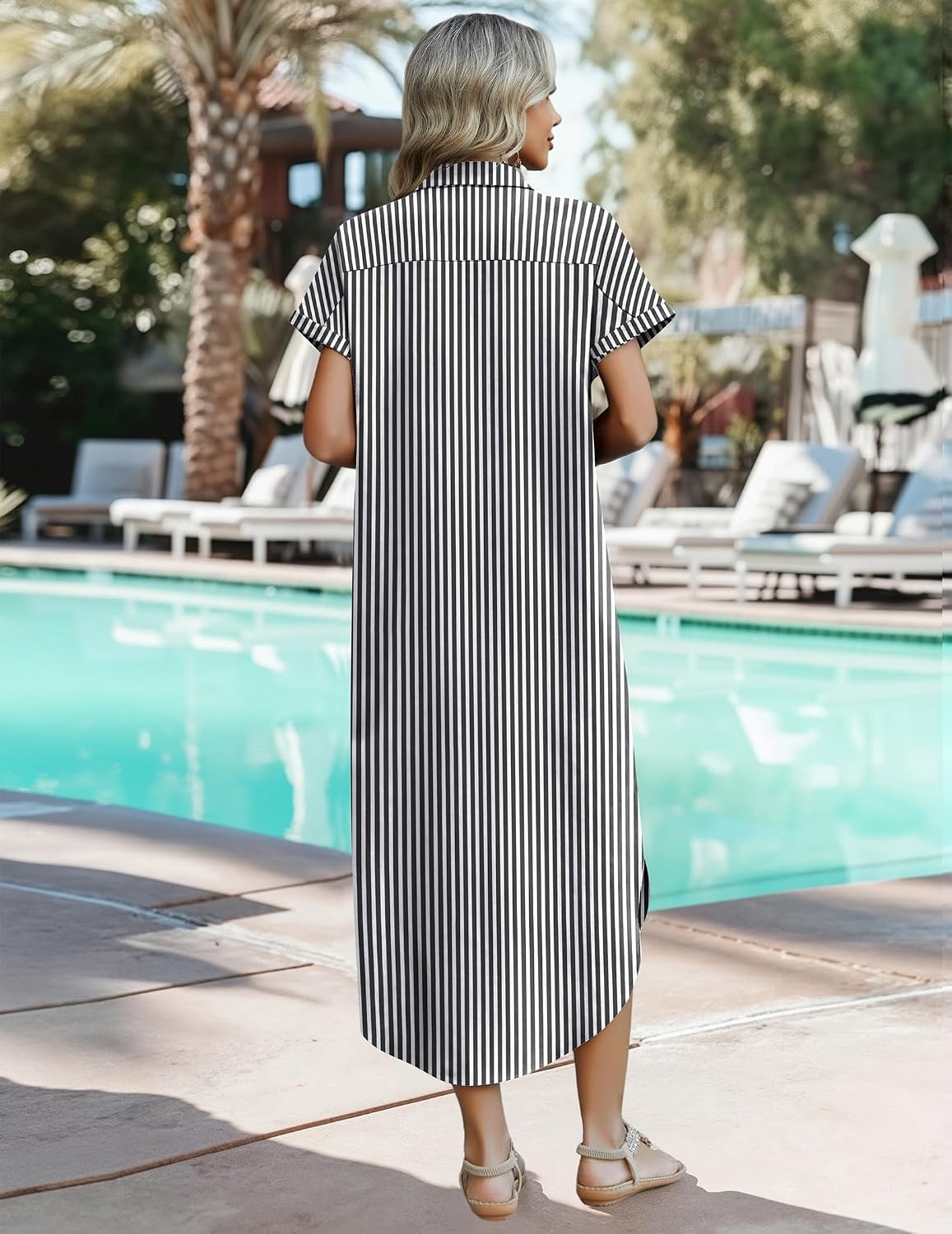 image:imageZeagoo Womens Dresses Casual Summer Short Sleeve Button Down Long Shirt Dresses Swimsuit Beach Cover Ups with Pockets01ablack Stripe