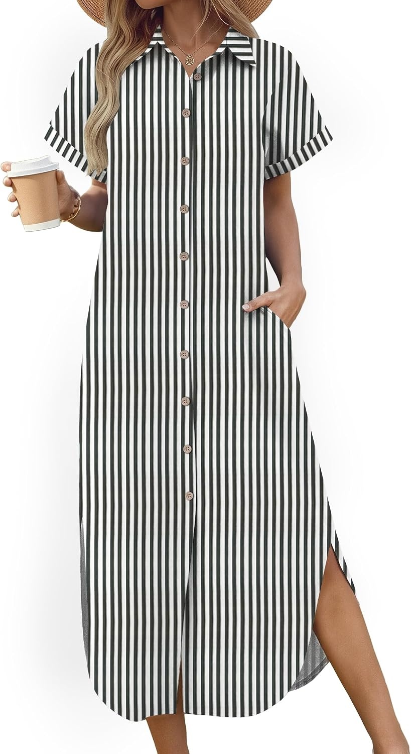 image:imageZeagoo Womens Dresses Casual Summer Short Sleeve Button Down Long Shirt Dresses Swimsuit Beach Cover Ups with Pockets01ablack Stripe