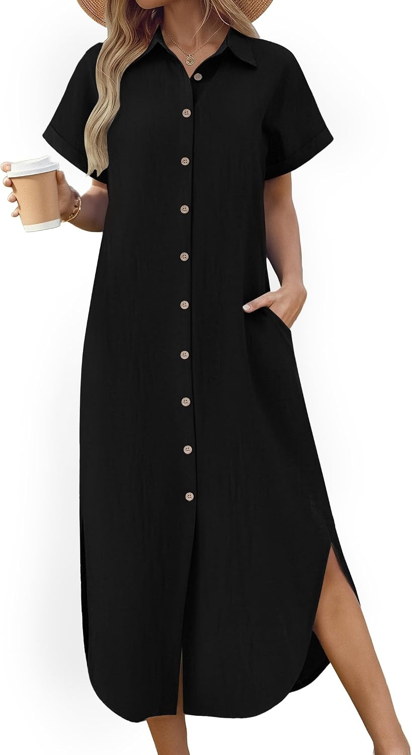 image:imageZeagoo Womens Dresses Casual Summer Short Sleeve Button Down Long Shirt Dresses Swimsuit Beach Cover Ups with Pockets01black